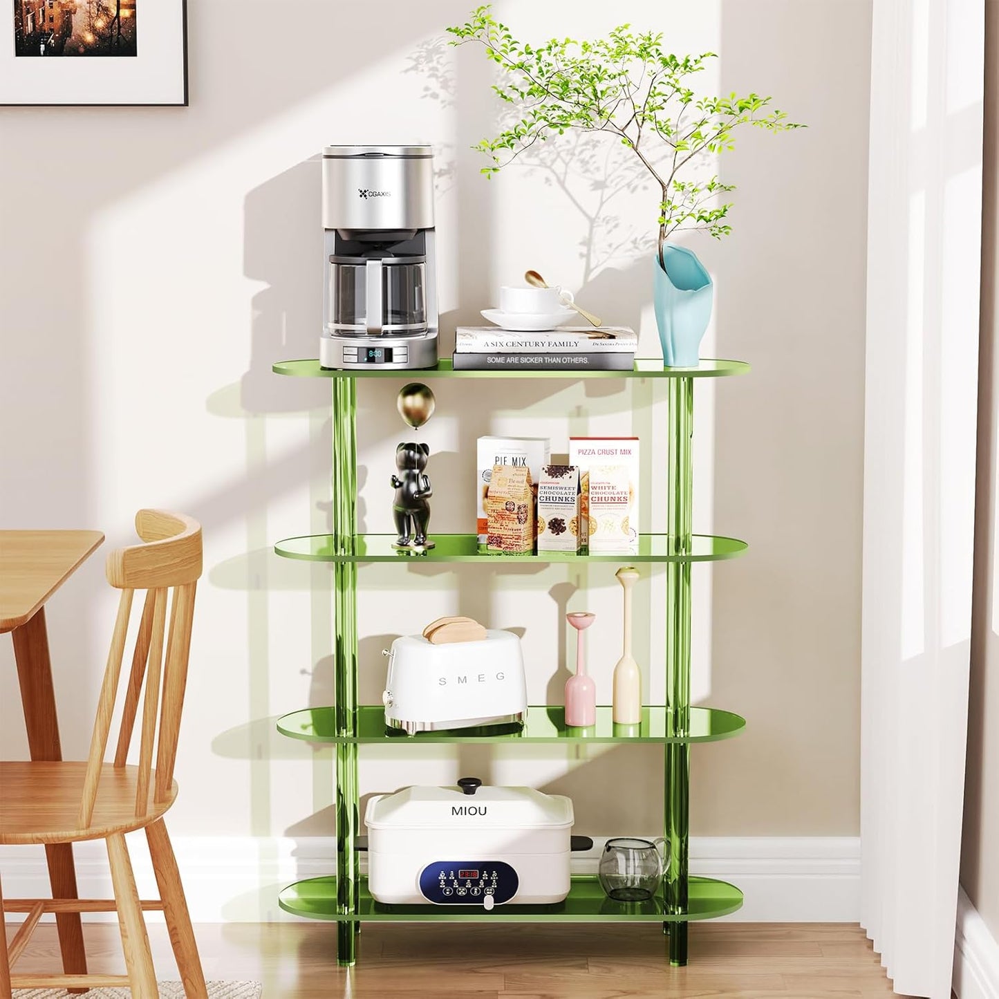 Clear Bookshelf, Acrylic Bookcase with Open Book Shelf Console Table for Entryway Office (4 Tier Green)