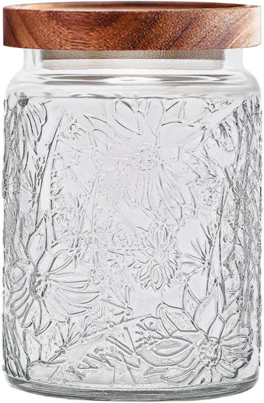 Vintage Glass Jars with Wooden Lids, 24 oz Airtight Glass Food Storage Containers Sets for the Kitchen, Sugar Coffee Tea Cookie Candy Spice Pasta