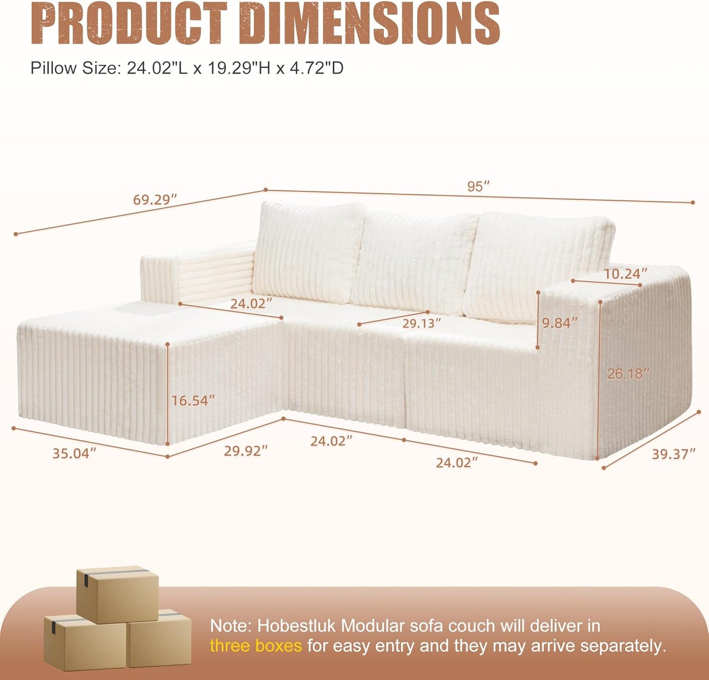 Hobestluk Modular Sectional Sofa Memory Foam Couch Oversized Sectional Sofa 3-Seater with Chaise Cloud Couch with Removable Cover L Shape Sofa for Living Room (Strip White, 3-Seater with Chaise)