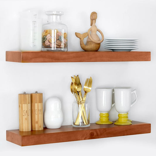 Homeforia 24inch Oak Floating Shelf for Wall, High End Solid Real Wood 24 inches Long Floating Shelves for Bathroom, Honey Oak Wooden Floating Shelves, Heavy Duty Bracket, 24 X 6.5 X 1.75 in, Set of 4