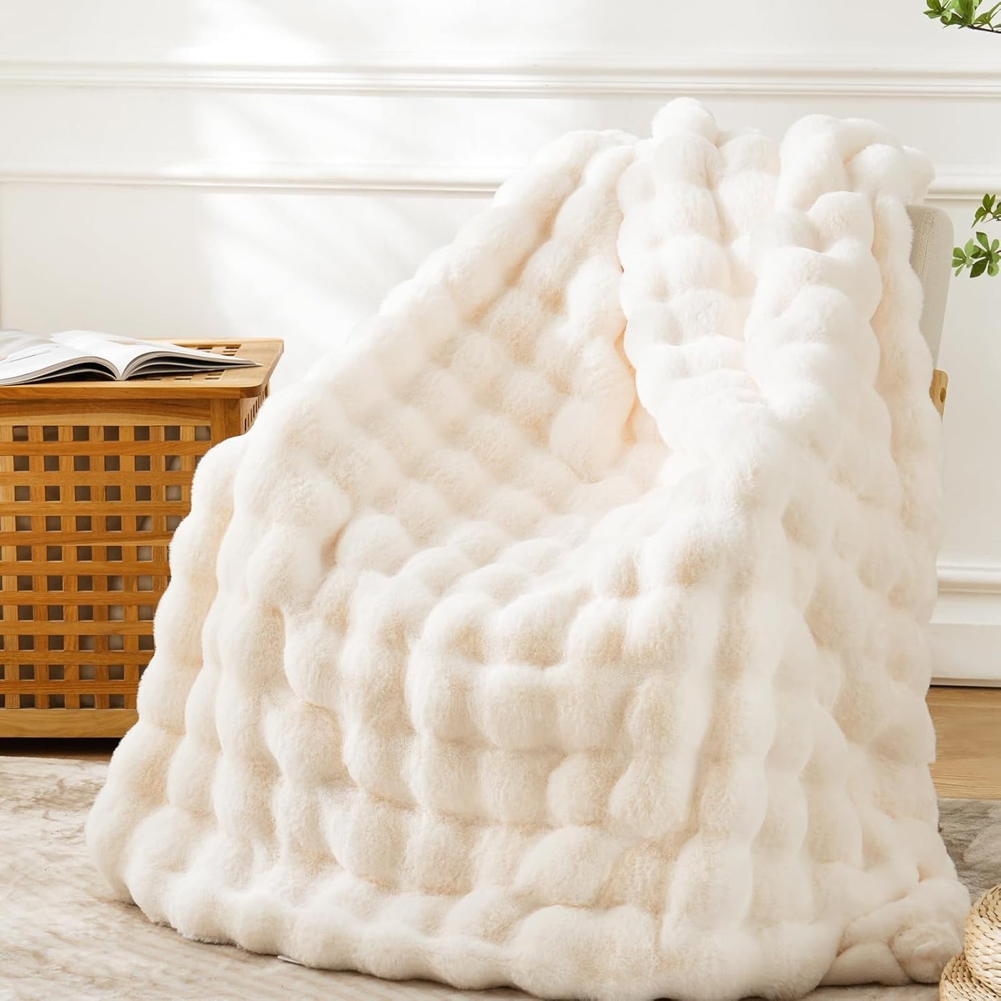 BENVWE Faux Fur Throw Blanket for Couch Bed - Fluffy Soft Thick Bubble Blanket for Living Room Home Decor - Mothers Day Birthday Gifts for Women, Cream White, 63" x 80"
