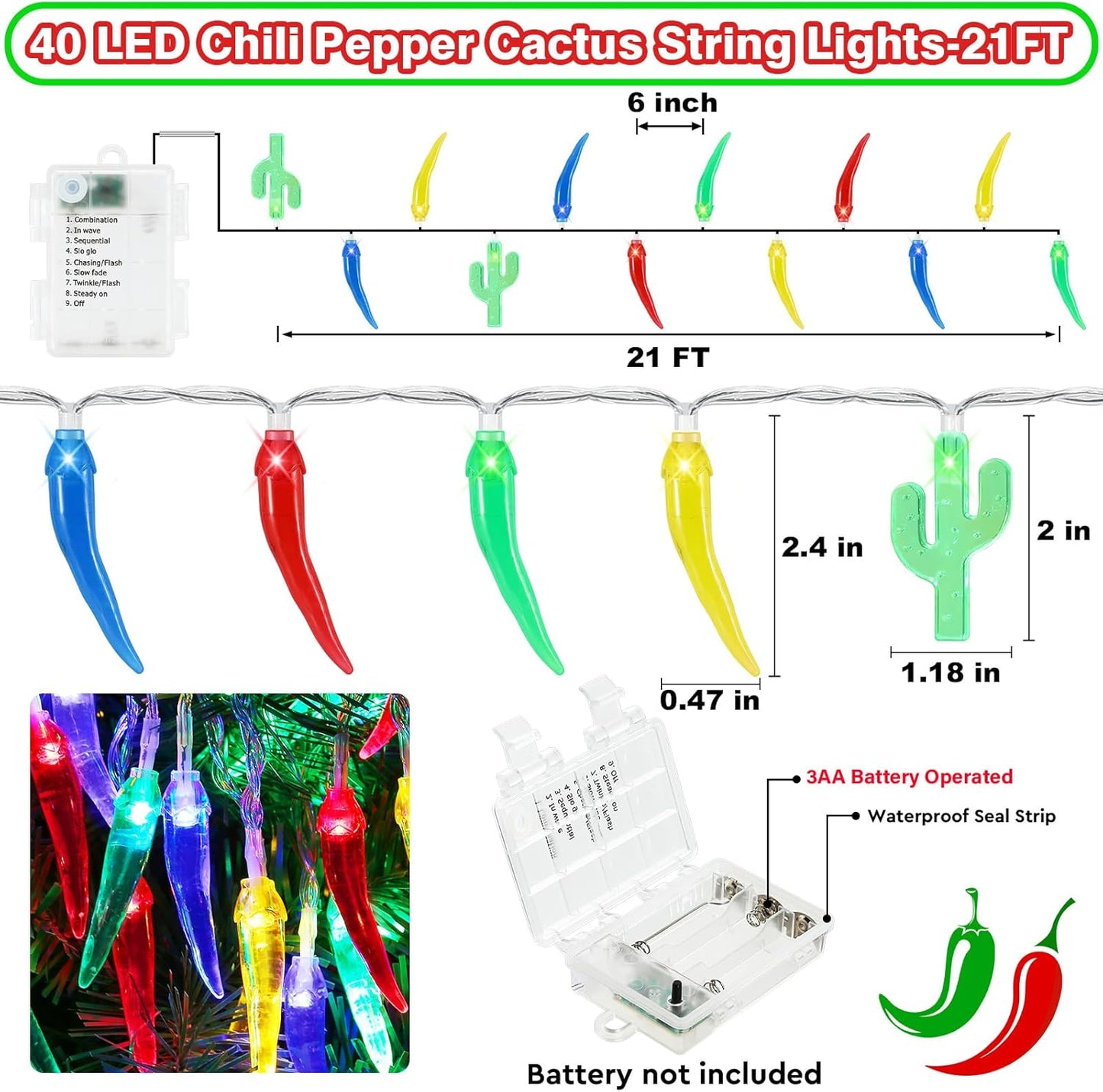 21FT [ 8 Modes & Timer ] Chili Pepper String Lights 40LED Fairy Lights Battery Operated for Indoor Outdoor Garden Pool Birthday Mexican Party Wedding Christmas Summer Tropical Decor