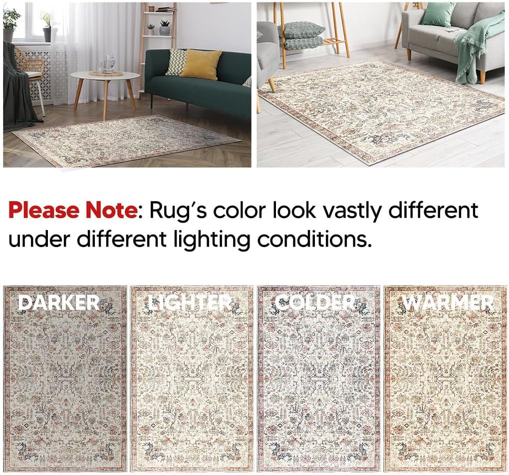 Keen Home Design 6x9 Rug - Machine Washable Area Rug with Non-Slip Backing, Ideal for Living Room, Dining Room, Bedroom - Vintage, Easy Clean, Durable, Low Pile Rug - (6' x 9')