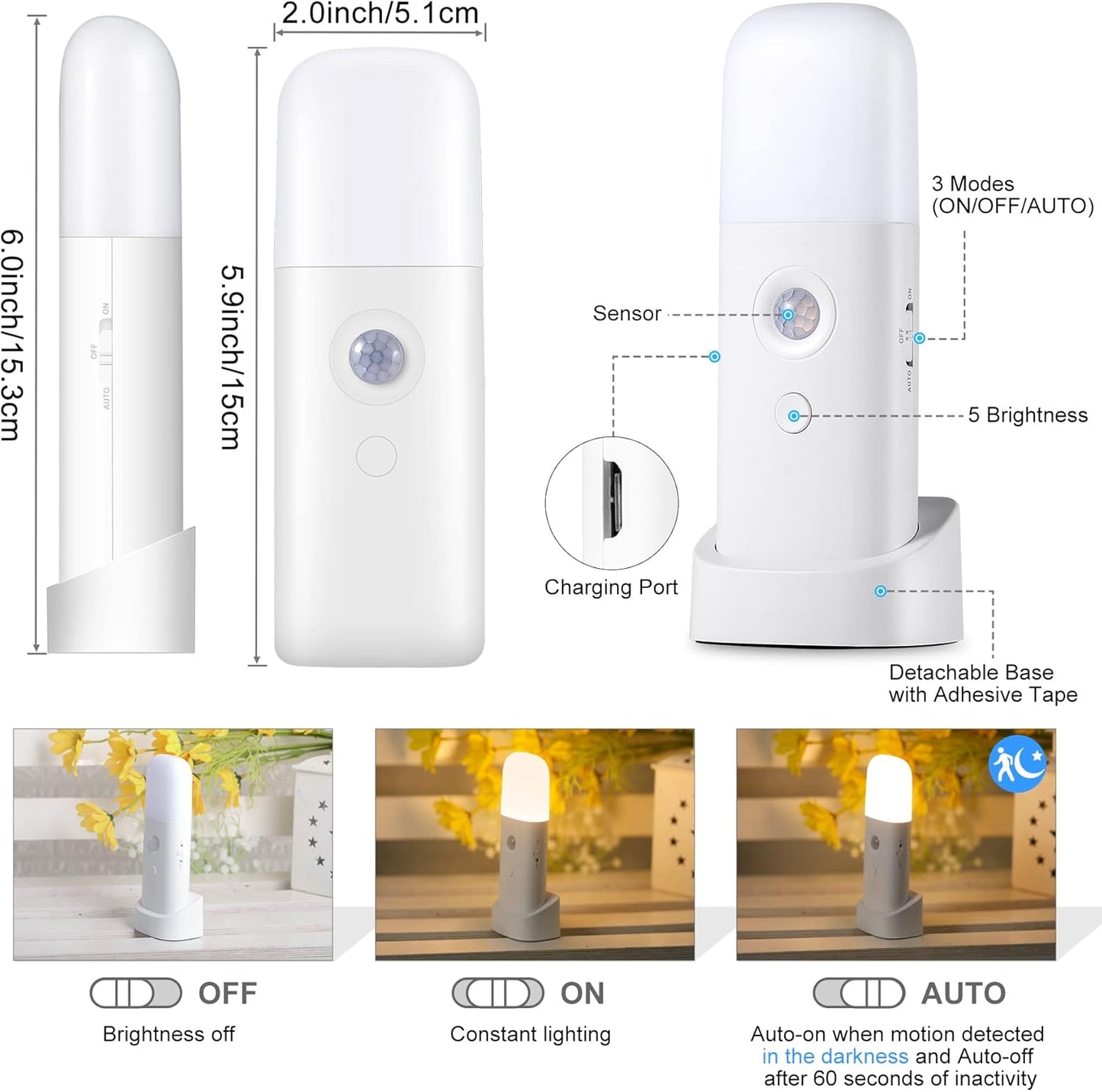 Motion Sensor Night Light Indoor, 2000mAh Battery Operated Lights, Cordless Table Lamps for Kids, 5 Stages Dimmable LED Nursery Night Lights for Bedroom, Bathroom, Hallway