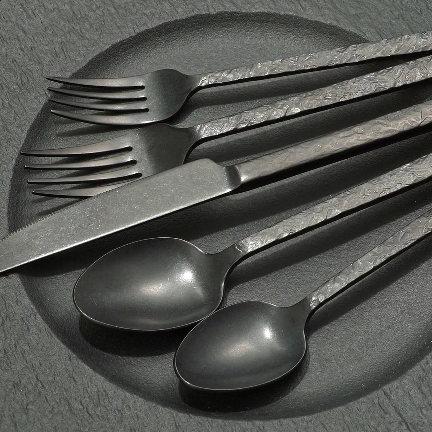 KINGSTONE 40 Pcs Black Hammered Silverware Set for 8, 18/10 Stainless Steel Heavy Duty Flatware Set, Tableware Cutlery Utensil Sets for Home Restaurant Dishwasher Safe