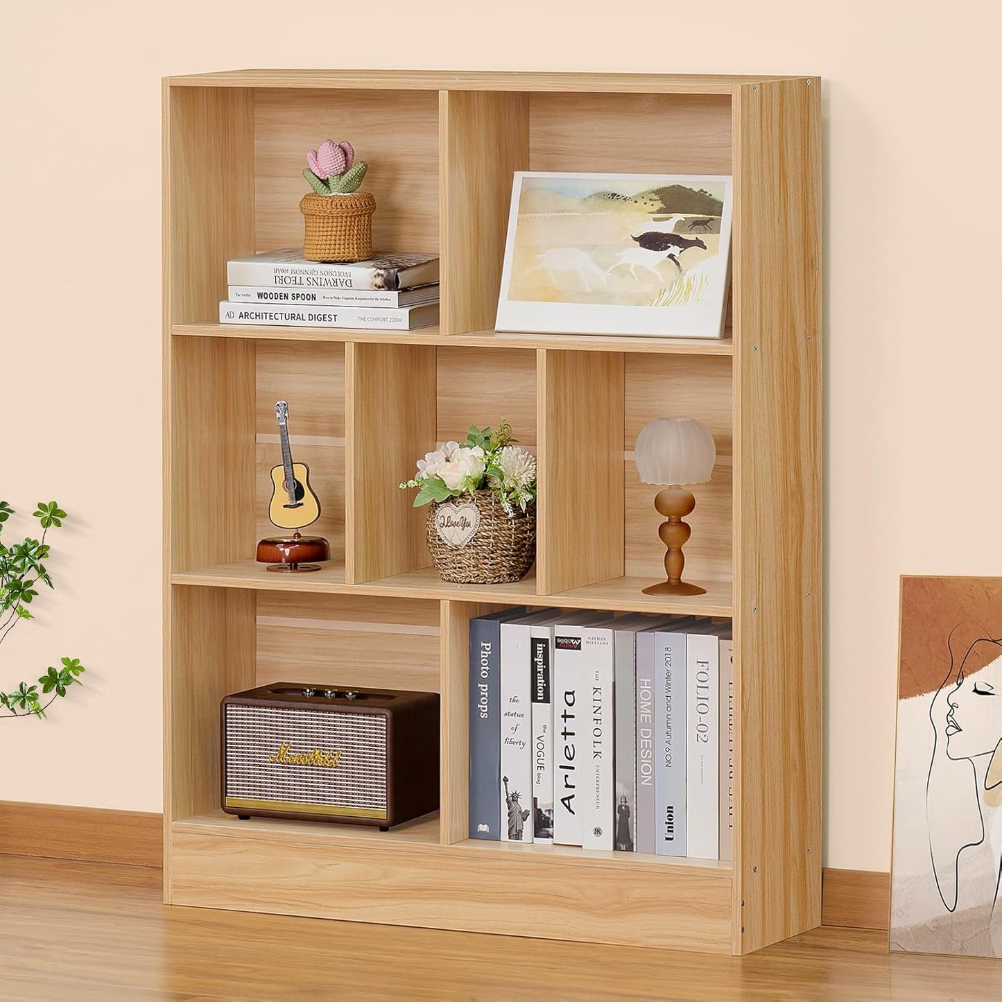 LEYAOYAO 7 Cube Bookshelf with Wood Base,Natural 3 Tier Mid-Century Modern Bookcase,Standing Wide Bookshelves Storage Organizer Shelf,Rustic Display Cabinet Book Shelves for Bedroom,Living Room
