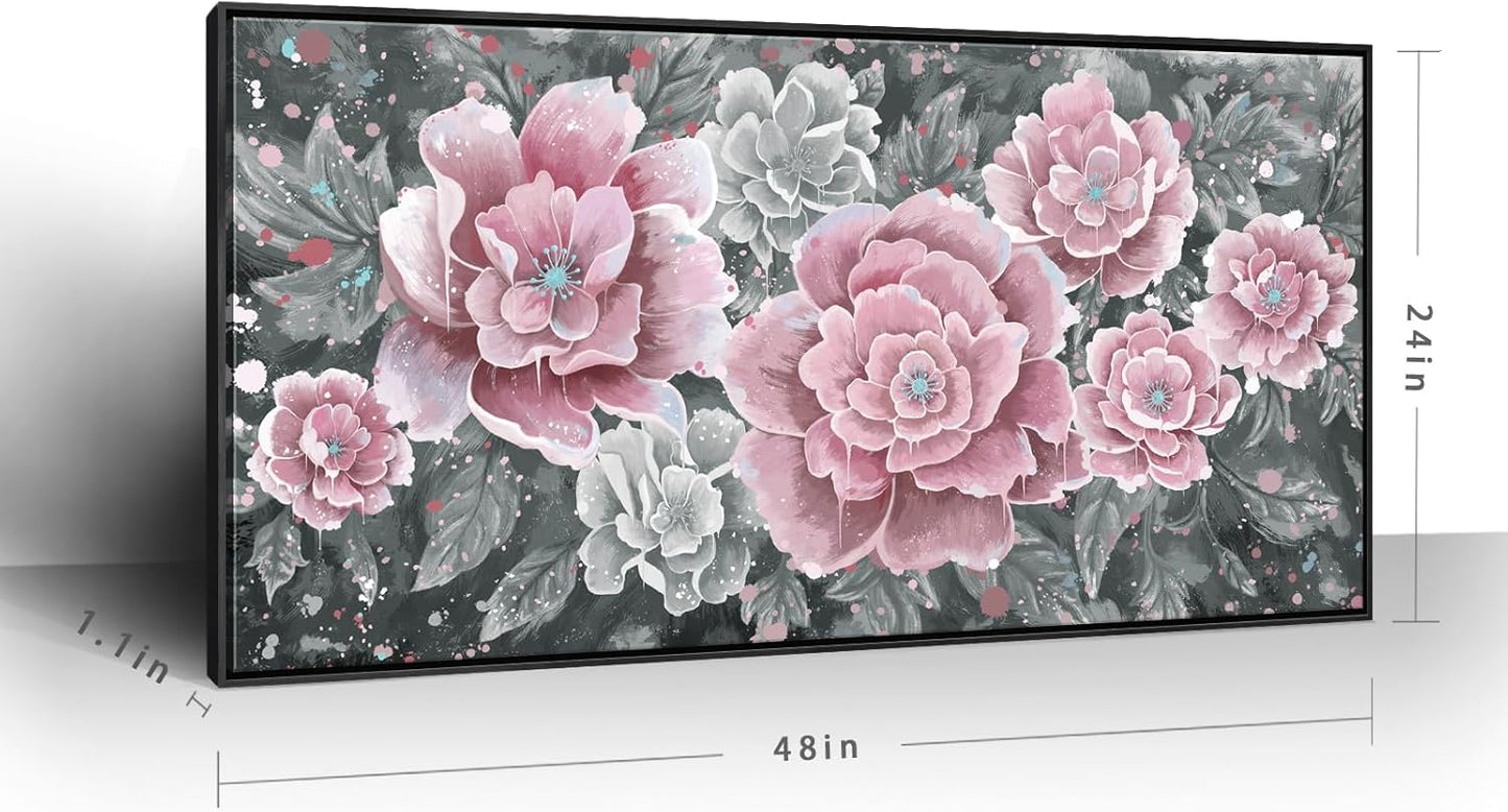 Large Pink Wall Art for Living Room- Pink and Black Peony Floral Canvas Wall Art Modern Framed Moody Black and White Wall Picture Flower Artwork Decor for Bedroom Dining Room Office 48x24