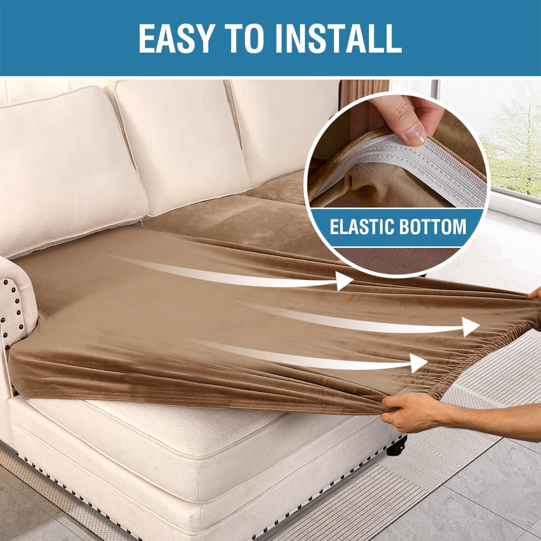 H.VERSAILTEX Velvet Stretch Sectional Couch Cover - 4 Pieces for L Shape Sofa With Separate Seat Cushion Covers - Fits Both Left/Right Sectional (Large 3 Seater + 1 Chaise, Camel)