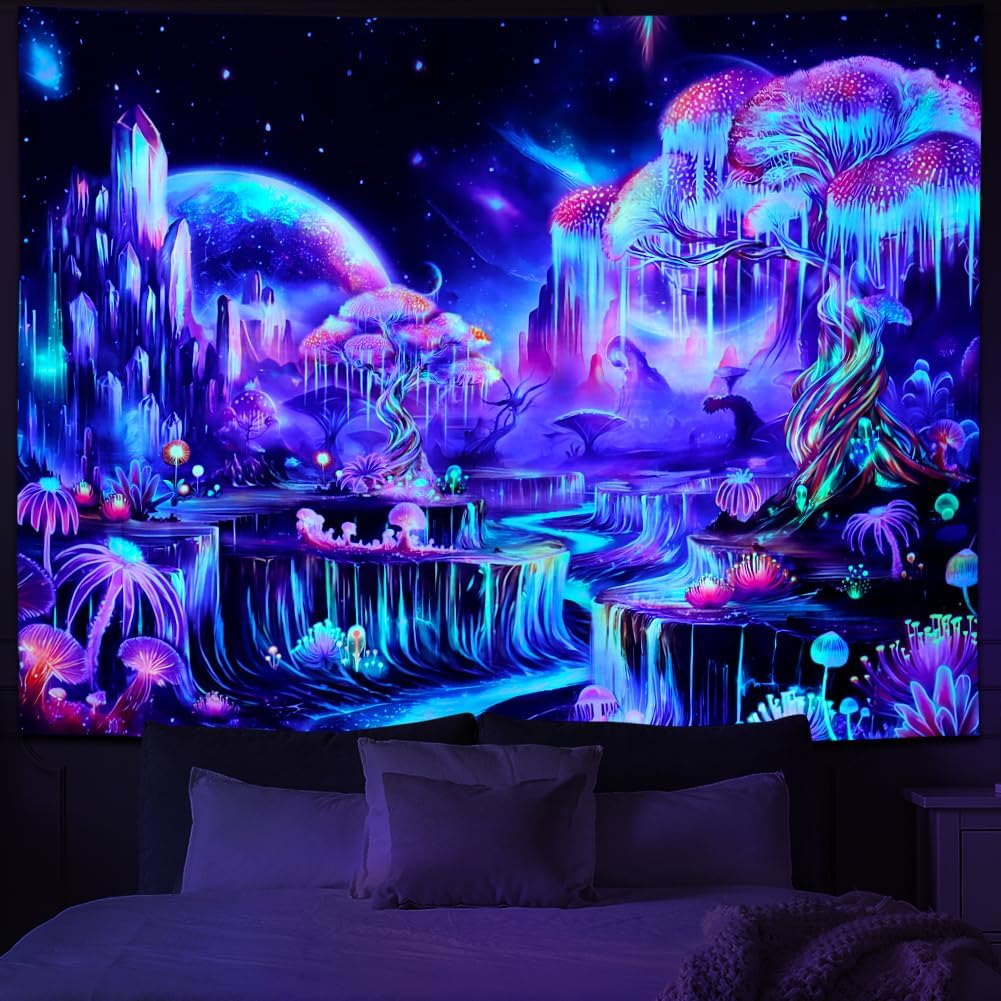 Obsecolors Blacklight Tapestry Fantasy Tree of Life Tapestry UV Reactive Galaxy Space Tapestries Colorful Plant Floral Mountain Landscape Tapestries Wall Hanging for Bedroom