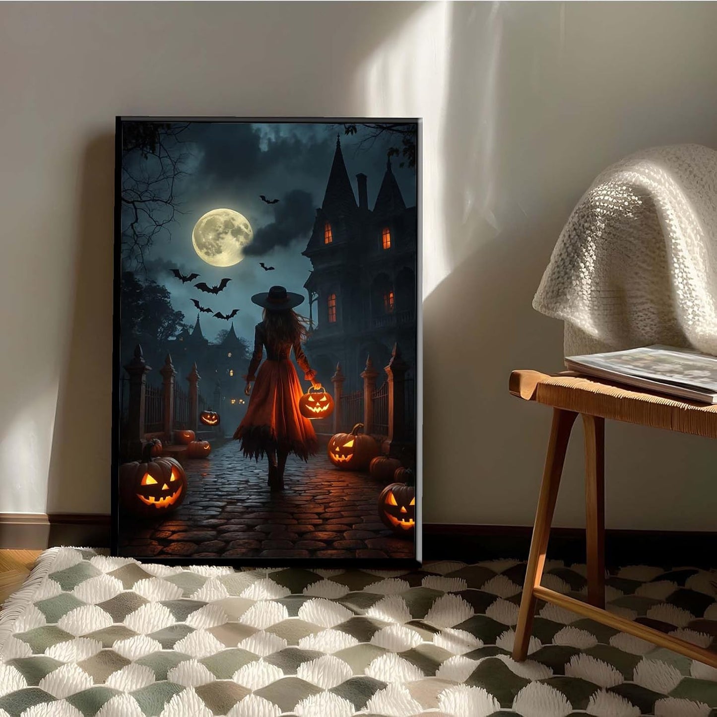 JFHCQJPK Halloween theme poster moonlit autumn night witch vintage poster art print dark college style gothic painting canvas wall decoration bedroom living room ideal gift12x16in Metal blackFramed