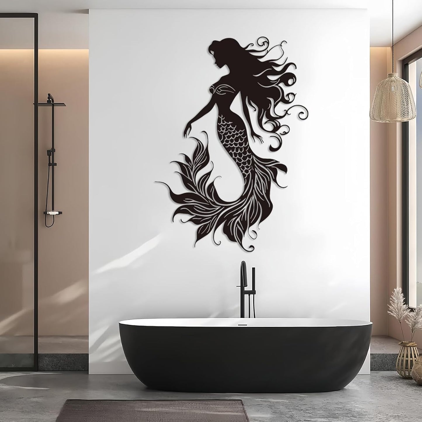 Veplsur Mermaid Metal Wall Art, Metal Mermaid Wall Decor, Marine Biology Wall Decor, Ocean Wall Art, Nautical Wall Hanging, Beach Hanging for Bathroom Bedroom (White, 35"x25"|90x64cm)