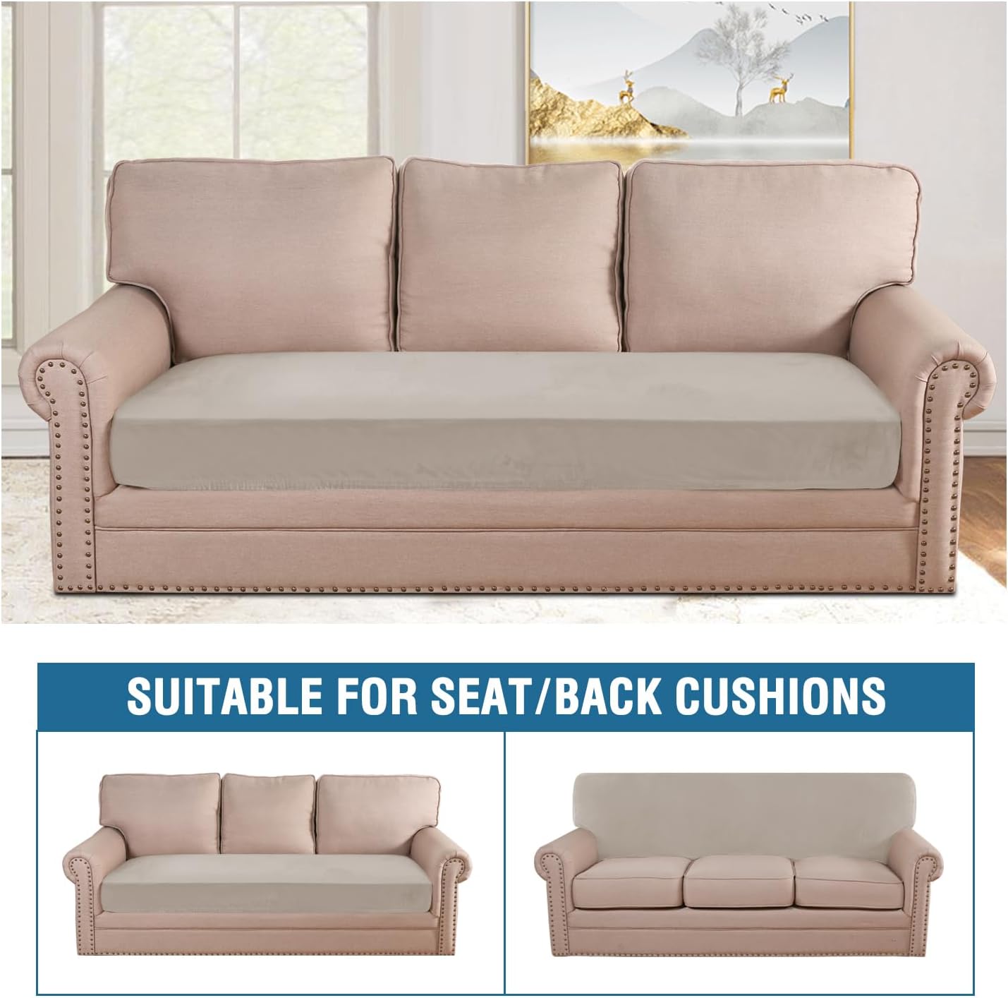 H.VERSAILTEX Velvet Stretch Individual Couch Cushion Cover Plush Cushion Slipcover for Loveseat Sofa Cushion Furniture Protector Seat Cushion Sofa Cover (1 Piece Sofa Cushion Cover, Oatmeal)