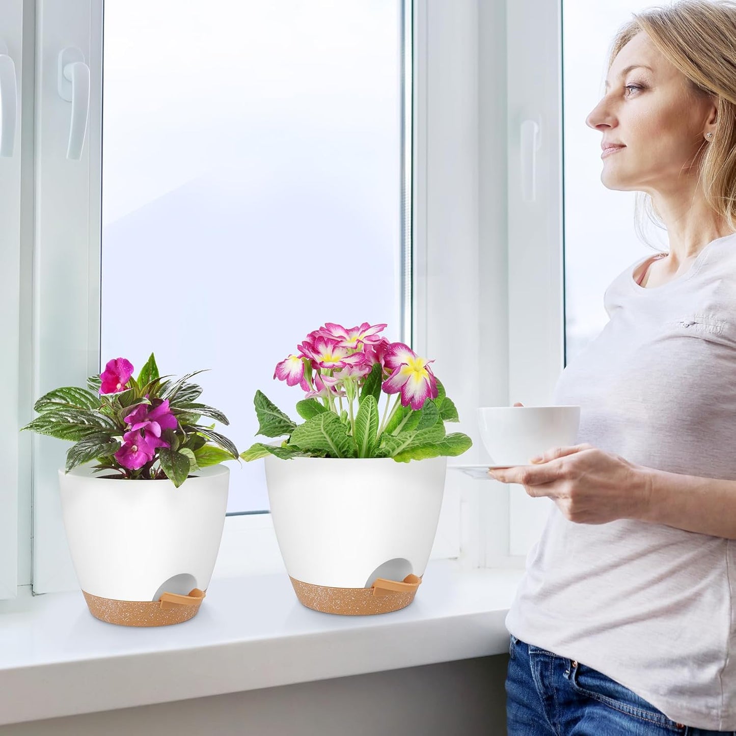 Plant Pots 8/7/6.5/6/5.5/5 Inch Self Watering Pots, Set of 6 Plastic Planters with Drainage Holes and Saucers,Plastic Flower Pots,Nursery Planting Pot for Indoor Out Door Plants（White）