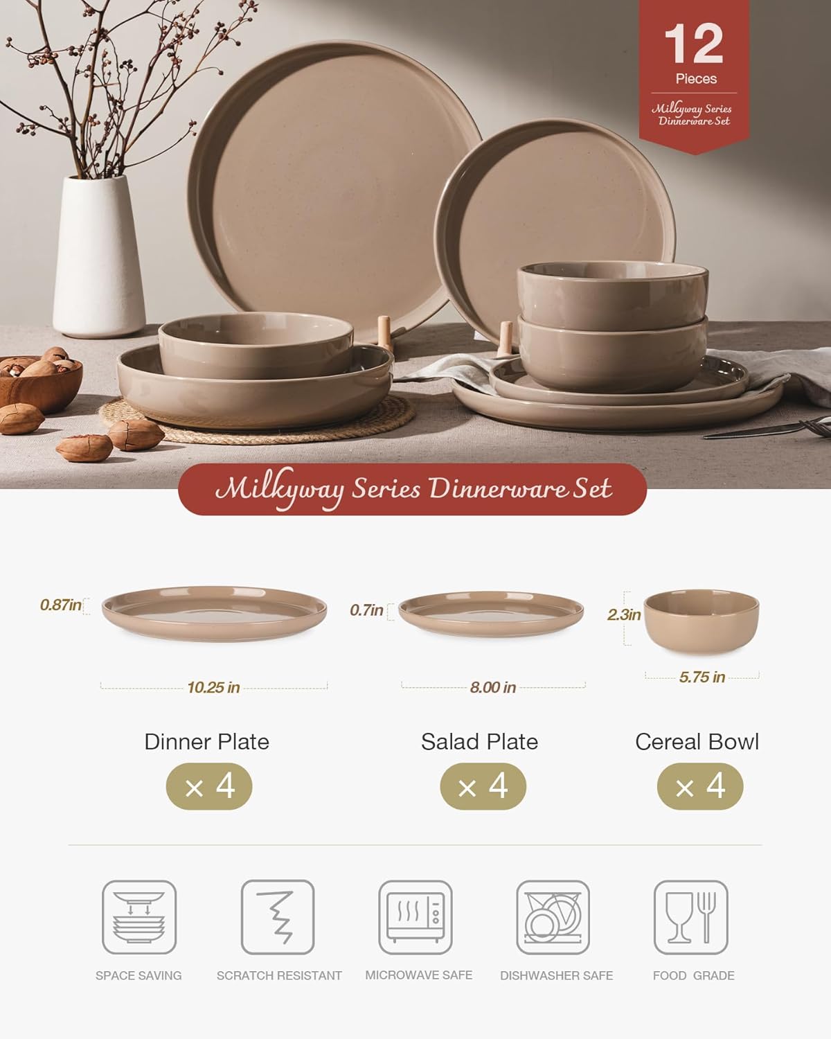 Famiware Milkyway Plates and Bowls Set, 12 Pieces Dinnerware Sets, Dishes Set for 4, Cinnamon Brown