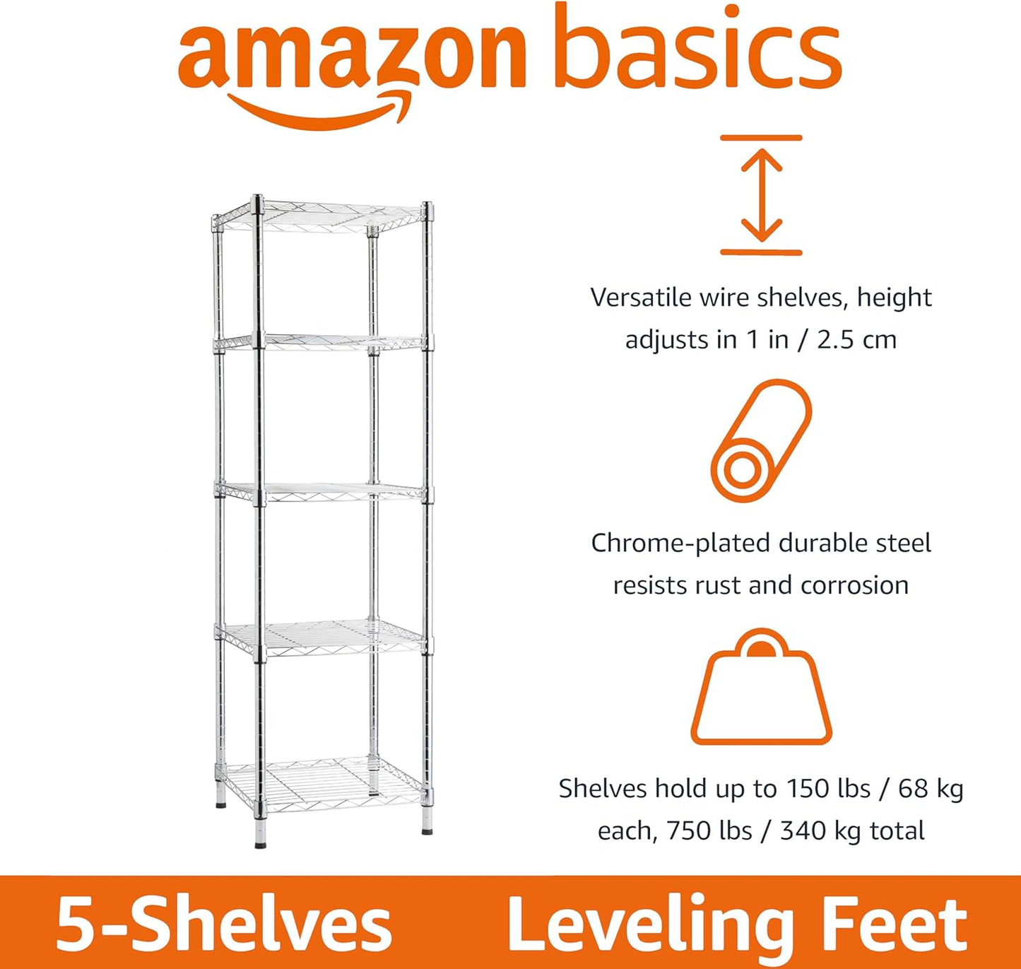 Amazon Basics 5-Shelf Tower Adjustable Storage Shelving Unit, Chrome, 16 D x 16 W x 54 H in