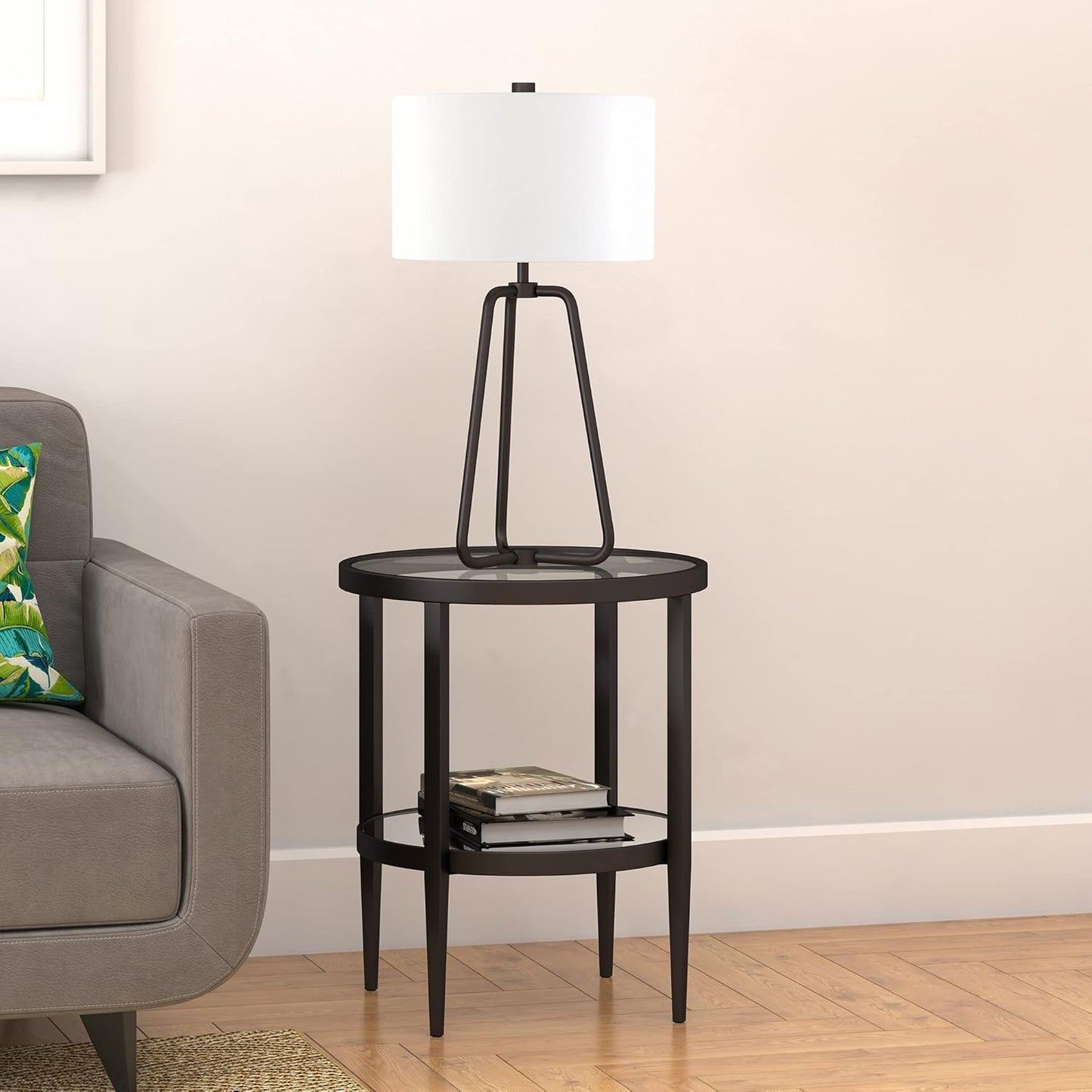 Henn&Hart 20" Wide Round Side Table with Mirror Shelf in Blackened Bronze, Table for Living Room, Bedroom