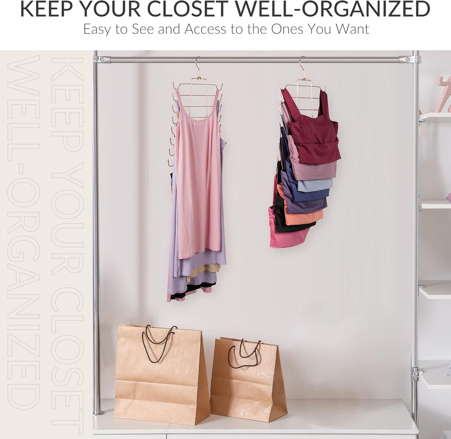 ZEDODIER Tank Top Hanger, 4 Pack Space Saving Bra Hangers, Non-Slip Hanging Sport Bras Holder, Closet Organizers and Storage for Camisoles Tank Tops Bras Ties Swimsuits Strappy Dress, Rose Gold