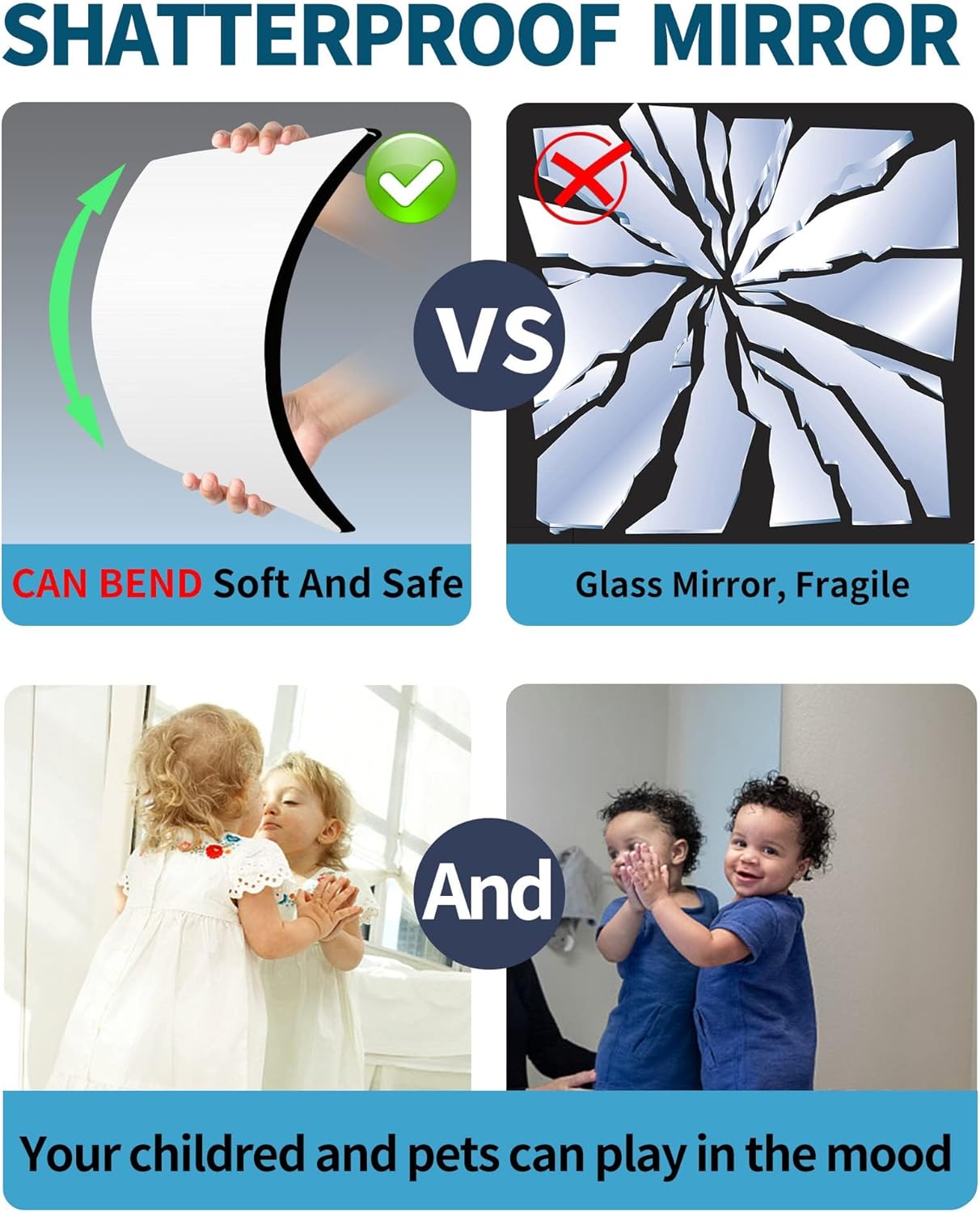 Shatterproof Wall Mirror Full Length for Bedroom, Acrylic Gym Mirrors For Home, Extra Thick: 0.12 inch, 14 x 24 inch x 2 Pcs, Workout Mirrors Safe for Kids, Over The Door, Long Wall Mounted