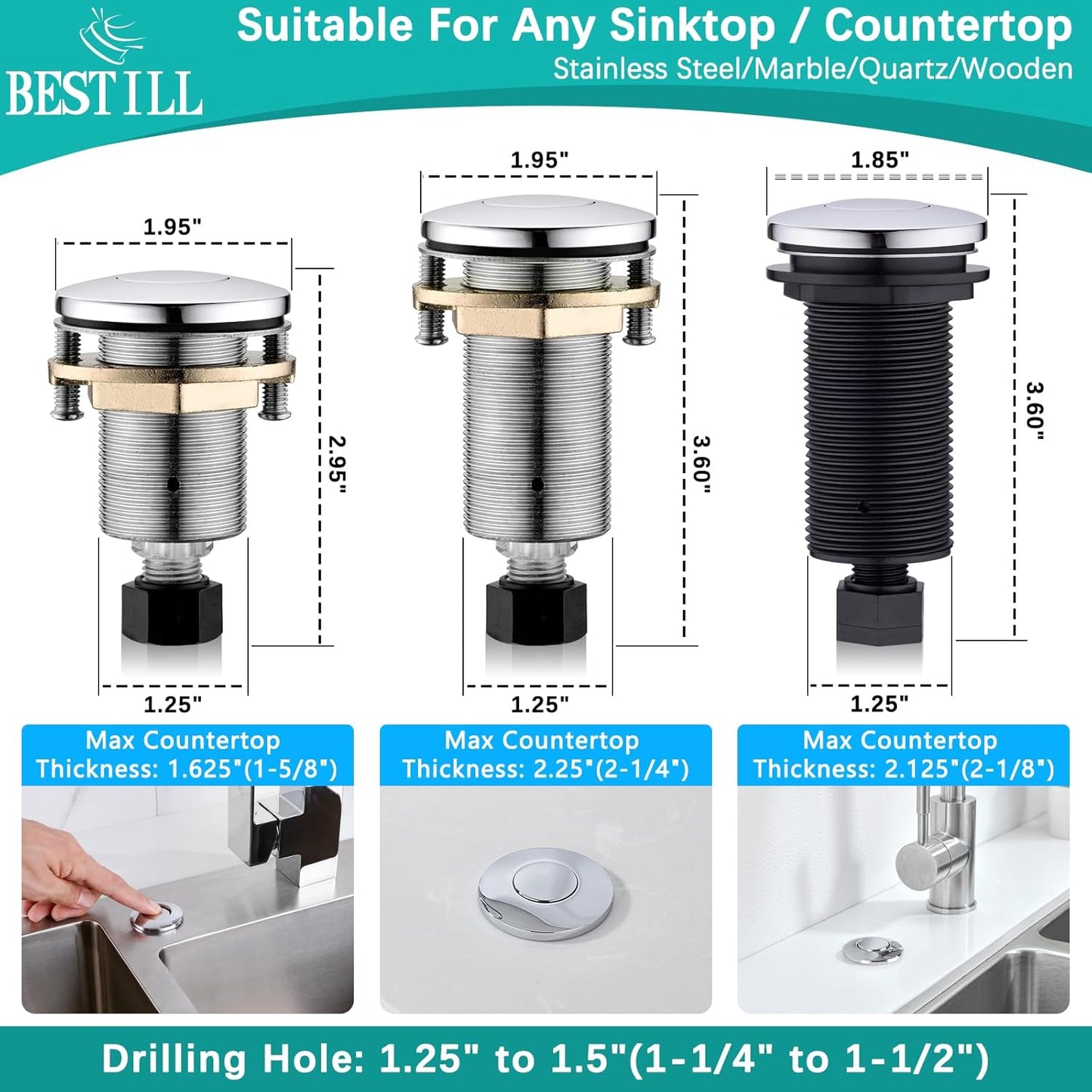 BESTILL Garbage Disposal Air Switch Kit - UL Listed, Brass 2.95" Short Sink Top On/Off Switch Button for Food Waste Disposer, Chrome, Compatible with all Garbage Disposals