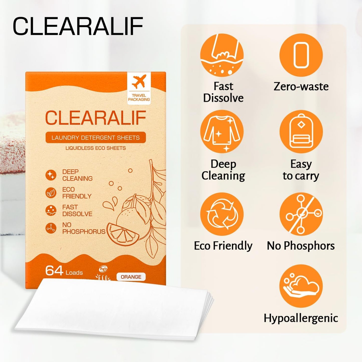 CLEARALIF Laundry Detergent Sheets, Orange, 64 Load, CLEARALIF Laundry Detergent Strips Eco Friendly & Hypoallergenic