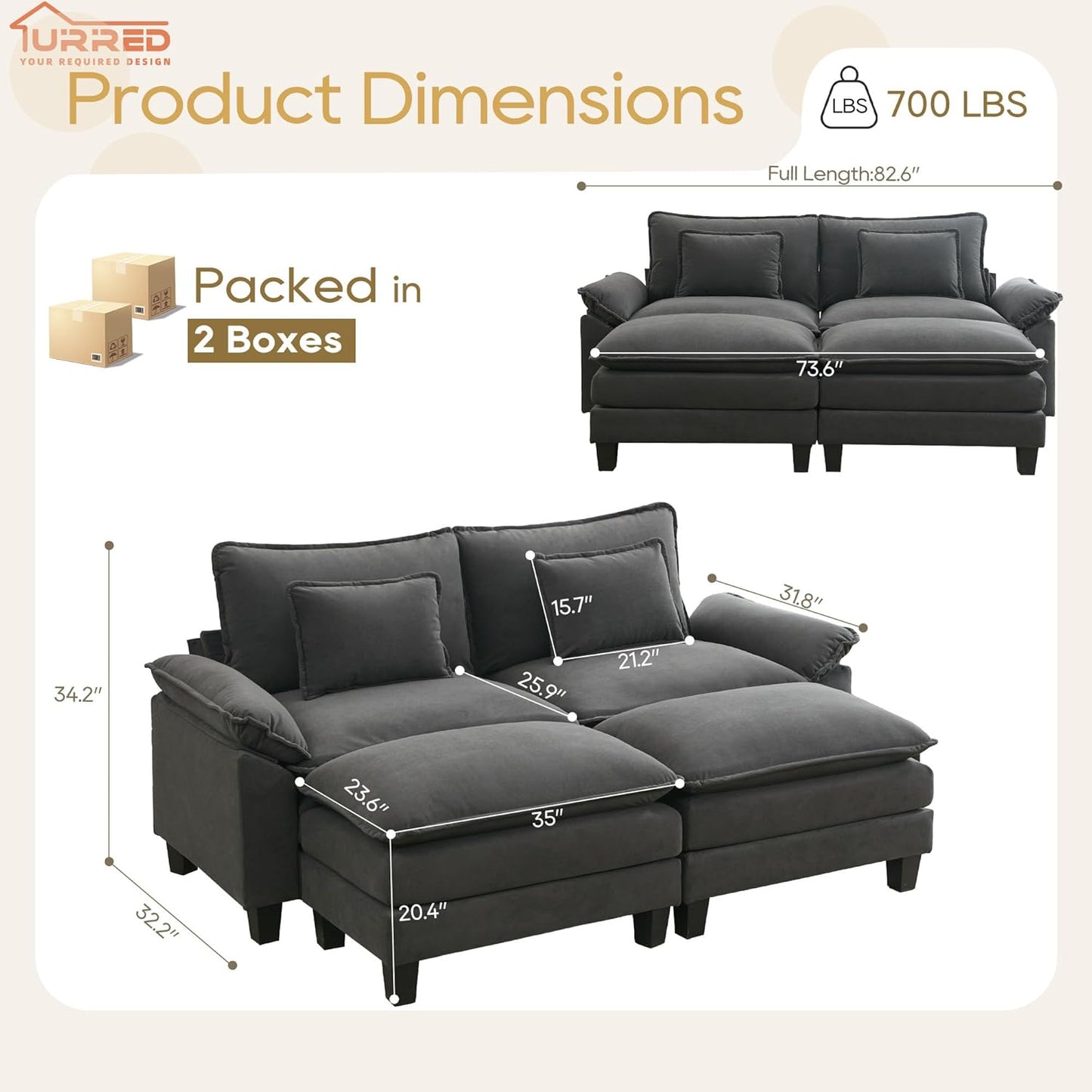 URRED Modular Sectional Sofa Comfy Cloud Couch, Modern Velvet Sofa Sleeper Deep Seat Couches with Ottoman/Pillows for Living Room (Dark Gray, 82.6''- 2 Ottomans)