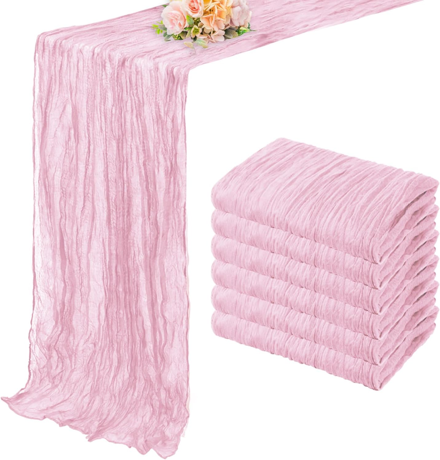 Light Pink Cheesecloth Table Runner 6 Pack 10FT Rustic Gauze Fabric Cheese Cloth Table Runner for Wedding 20 x 120 Inch Long Bridal Baby Shower Table Decorations Boho Sheer Birthday Party Table Decor