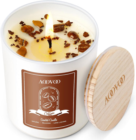 AOOVOO Macchiato Coffee Scented Candles for Women - Aromatherapy Candle with Crystals Inside, 10oz, 60H Burning Time, Soy Candles for Home Scented, Birthday Gifts Candle for Women Mom