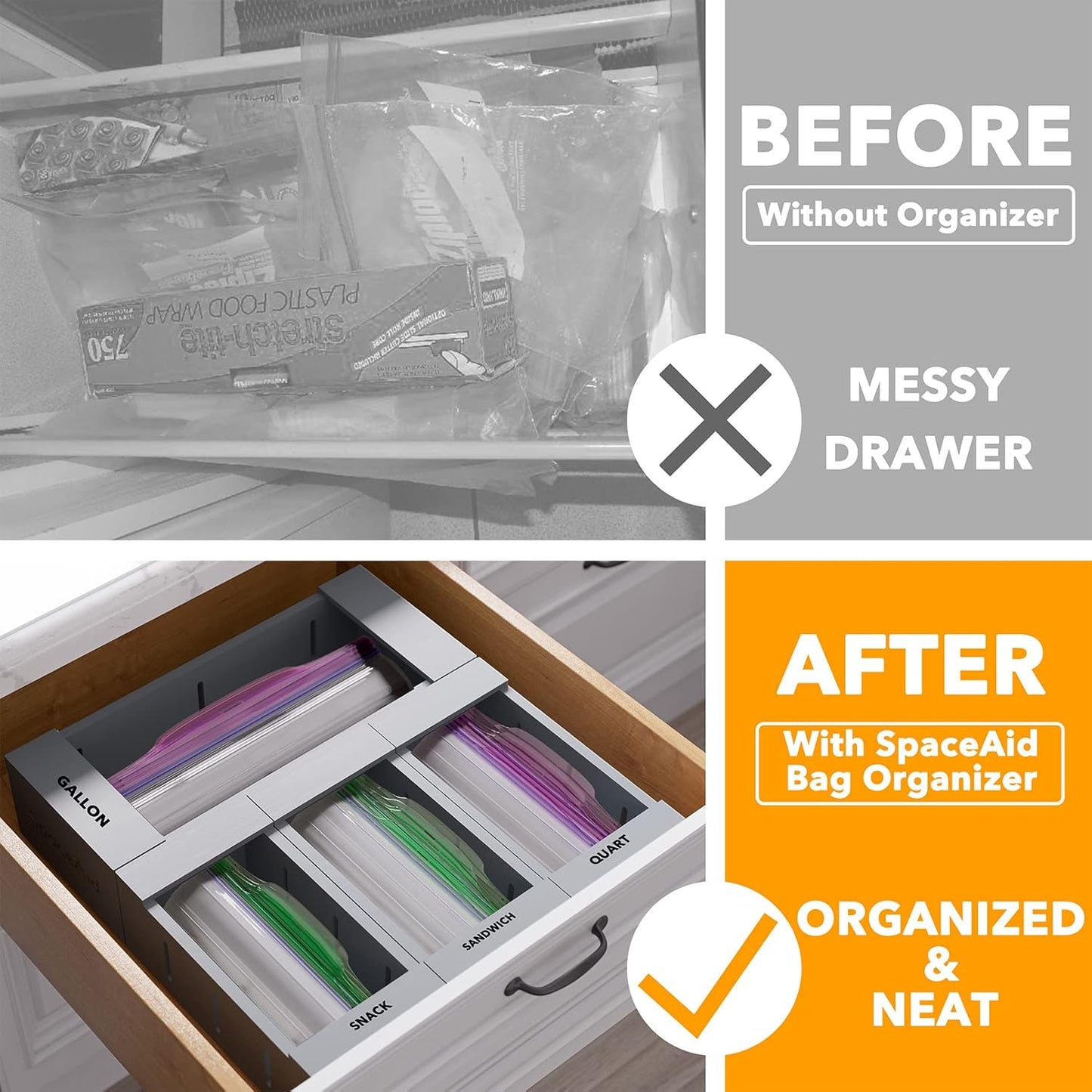 SpaceAid Bag Storage Organizer for Kitchen Drawer, Bamboo Organizer, Compatible with Gallon, Quart, Sandwich and Snack Variety Size Bag (4 Pack), Gray