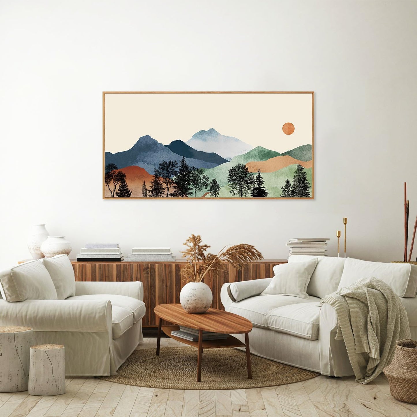 SIGNINART Large Boho Mountains Framed Canvas Wall Art, Watercolor Nature Landscape Art Prints, Neutral Modern Sunrise Art Paintings, Green Forest Wall Decor for Living Room, Bedroom, Office 20"x40"