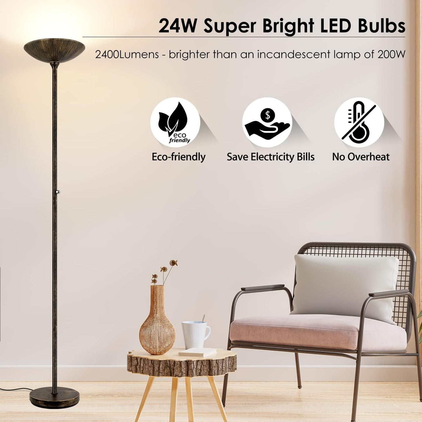 BoostArea Torchiere Floor Lamp Antique Bronze, 24W Super Bright LED Standing Lamp, 3000K Dimmable Pole Lamp with Rotary Switch, 70 Inch Tall Metal Modern Floor Lamps for Living Room/Bedroom/Office/Den