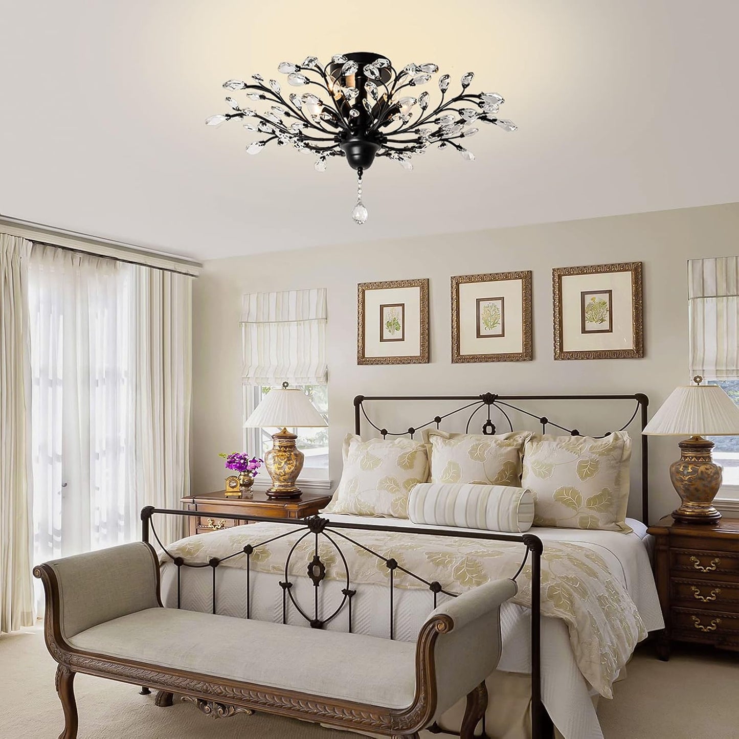 Ganeed Crystal Ceiling Light,Vintage Chandelier, Modern Elegant K9 Crystal Glass Chandelier Flush Mount Ceiling Lighting Fixture for Living Room Bedroom Restaurant Porch- Matte Black - 5 Lights