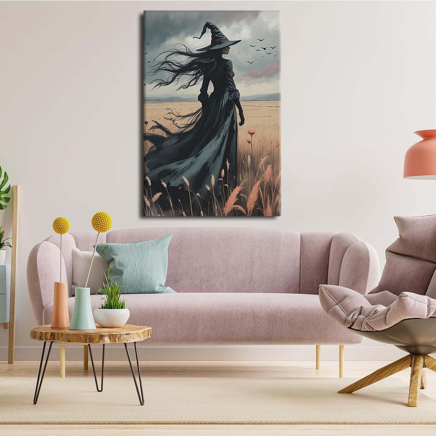 Gothic Decor Canvas Wall Art Witch in Rice Field Halloween Art Decor Print Nature Print Victorian Home Bedroom12x16in Wood Framed