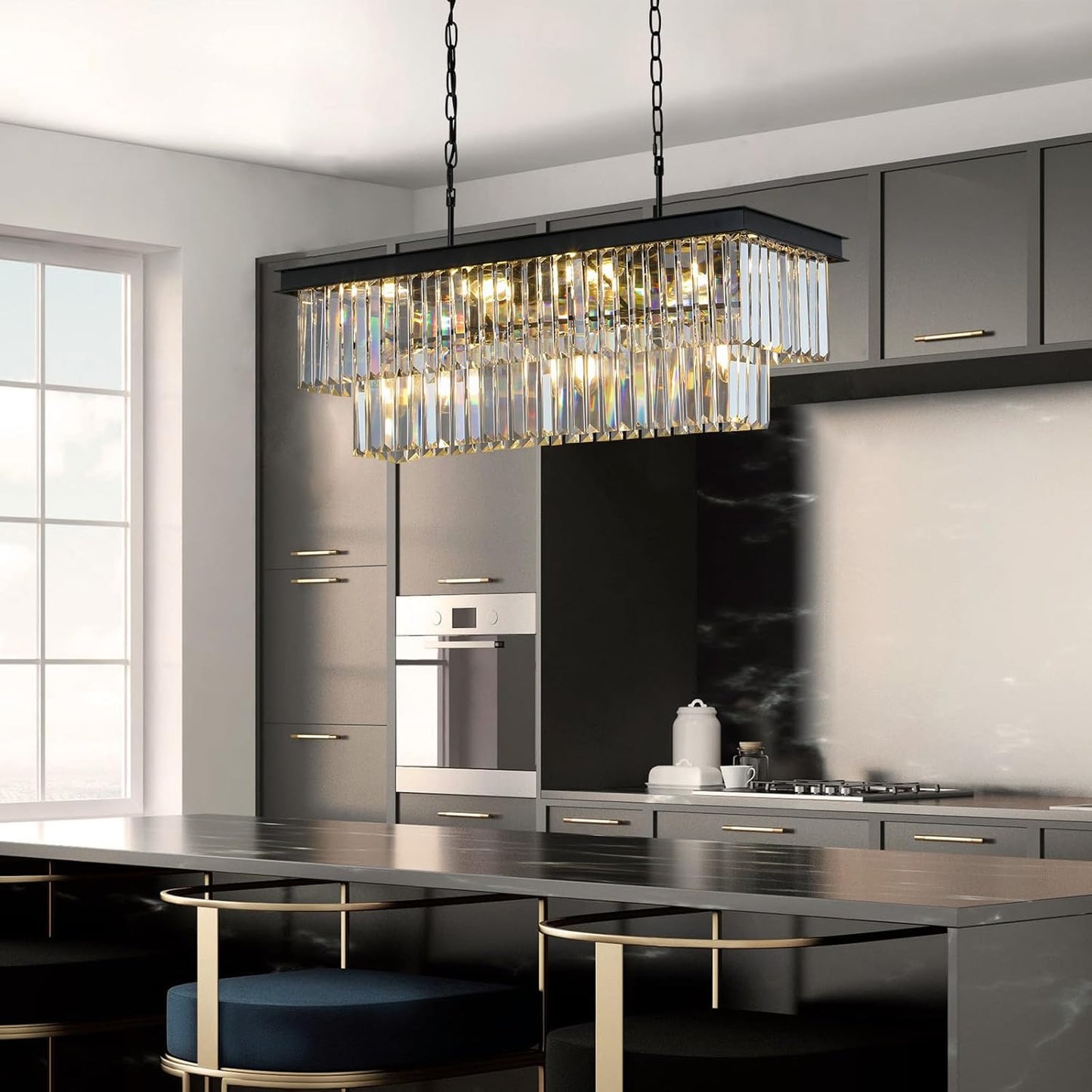 Crystal Chandeliers for Dining Room 11-Light Black Modern Chandelier Rectangle Contemporary Pendant Light Fixture for Kitchen Island Bar L33.5 Inch