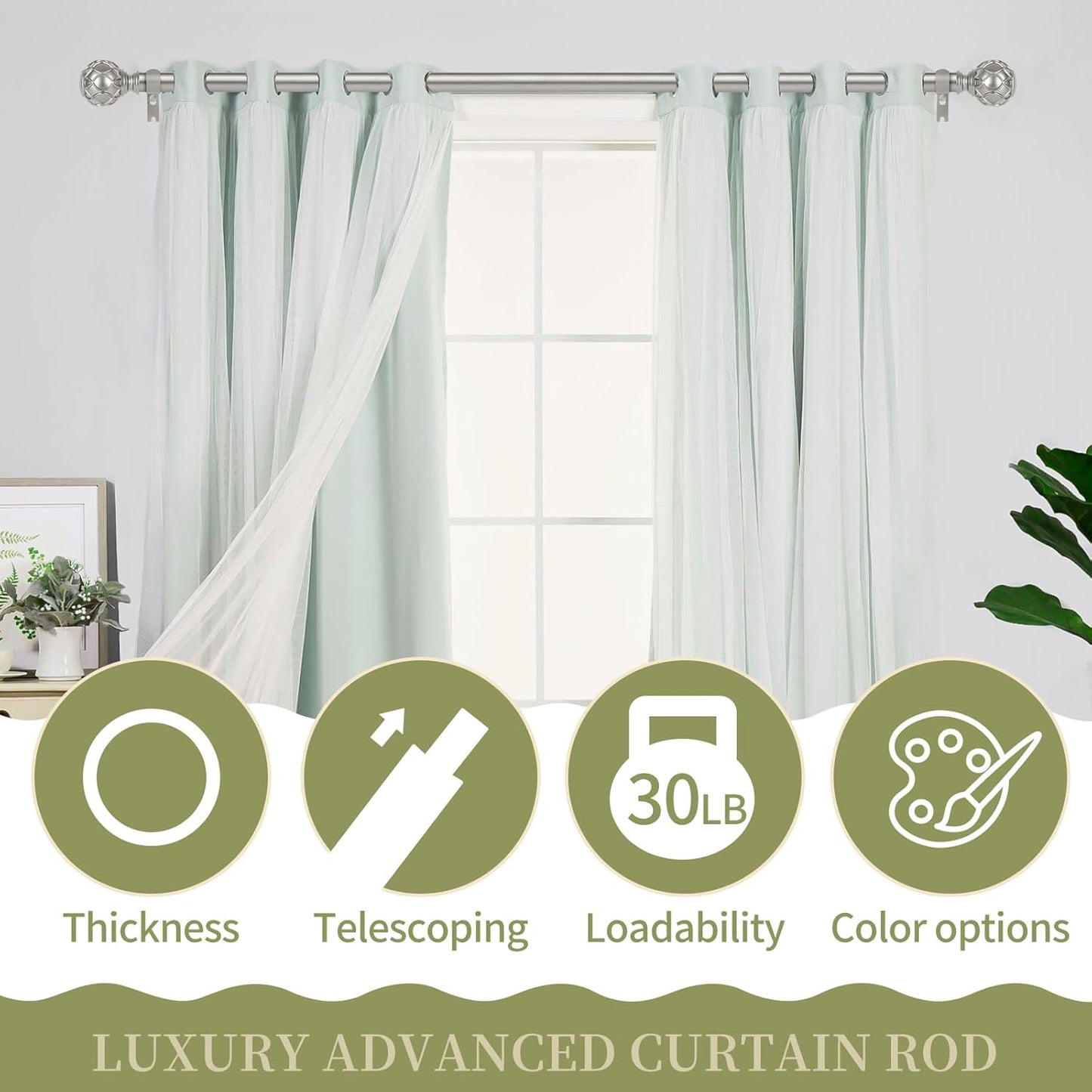 Silver Farmhouse Curtain Rods for Windows:Heavy Duty Adjustable Curtain Rod for Bedroom Living Room,Boho Decorative Rustic Drapery Rods with Vintage Coastal Finial,Antique Silver 2 Pack 36-88"