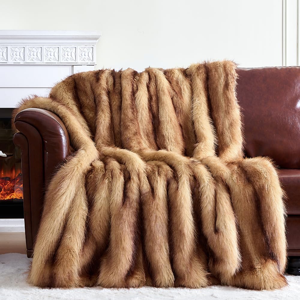 Fluffy Faux Fur Throw Blanket – Super Soft Warm Thick Plush Blanket for Bed, Couch & Office, Cozy Fuzzy Throw with Flannel Backing,108"x90", Brown