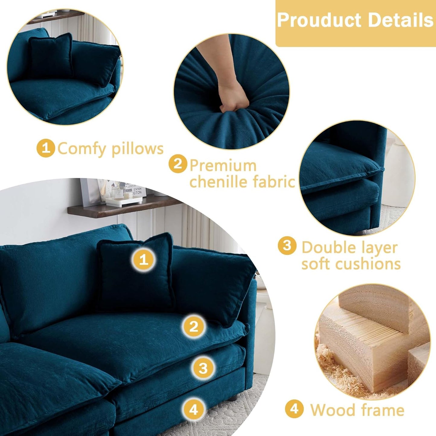 Sectional Sofa 4 Seater with Movable 2 Ottomans,Oversized Modular Couch Deep Seat (Blue, 146.5 inch-U)