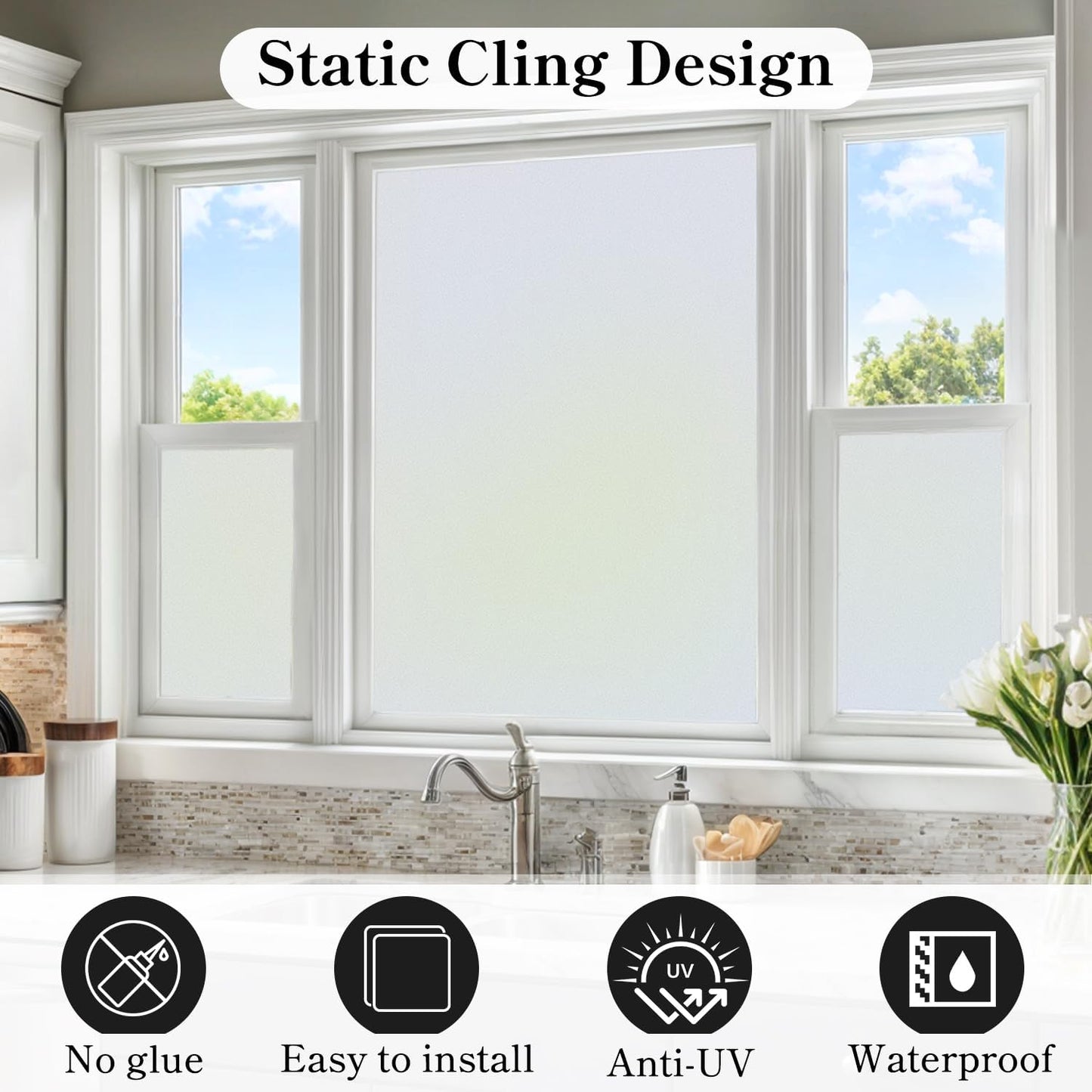 DUOFIRE Privacy Window Film Frosted Glass Film Matte White Static Cling Glass Film No Glue Anti-UV Window Sticker Non Adhesive for Privacy Office Meeting Room Bathroom Living Room DS001W 47.2x118in