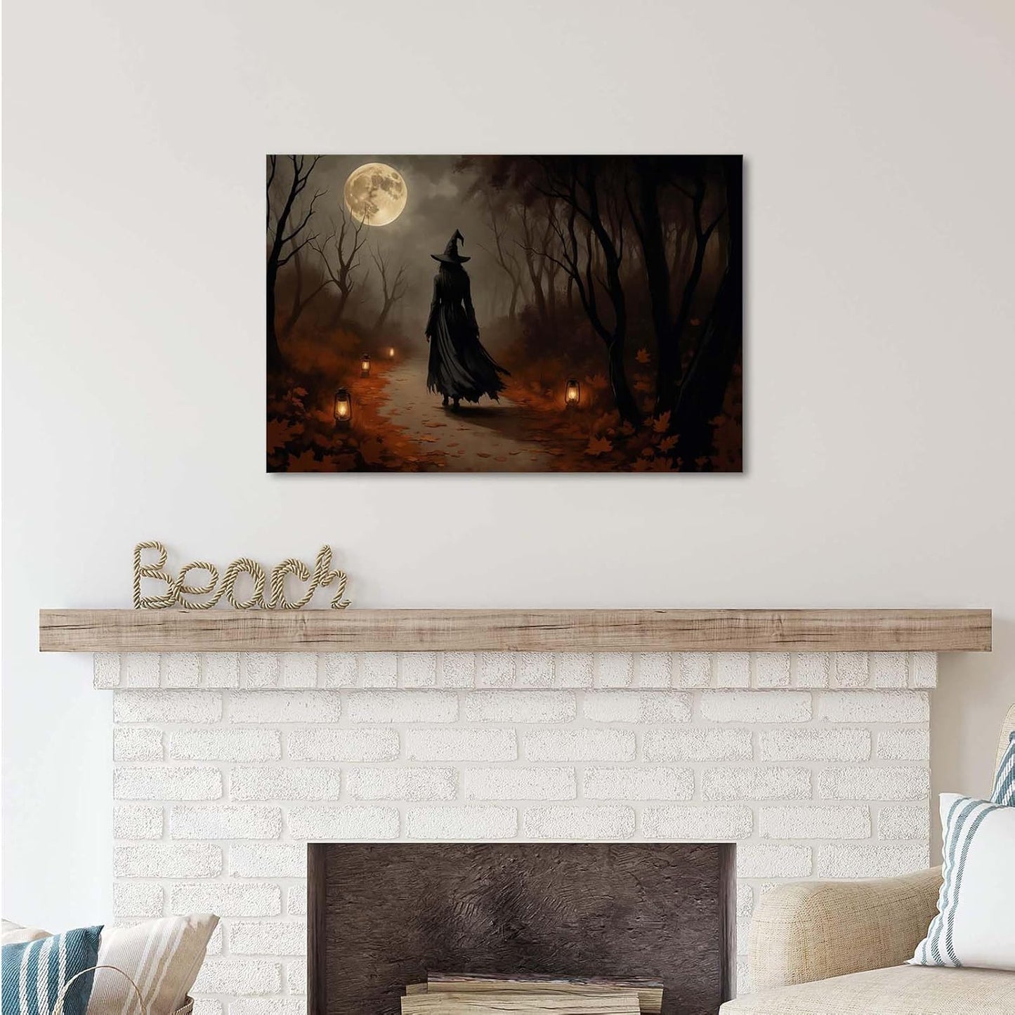 JFHCQJPK Moonlight witch poster dim lantern Halloween decoration Gothic style dark retro college style canvas wall art suitable for living room bedroom24x36in Frameless