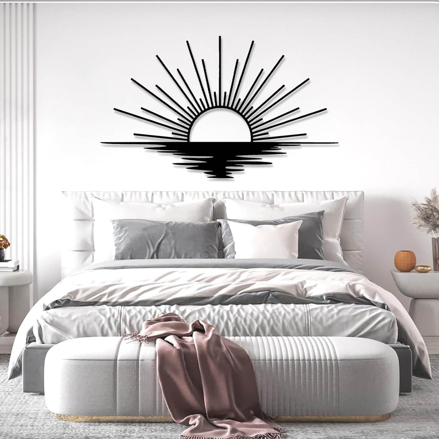 Sunrise Metal Wall Art, Metal Sun Wall Decor, Sun Outdoor Wall Art, Abstract Sunrise Wall Decor, Boho Home Hanging, Living Room Wall Hanging (Silver, 30"x18"/76x45cm)