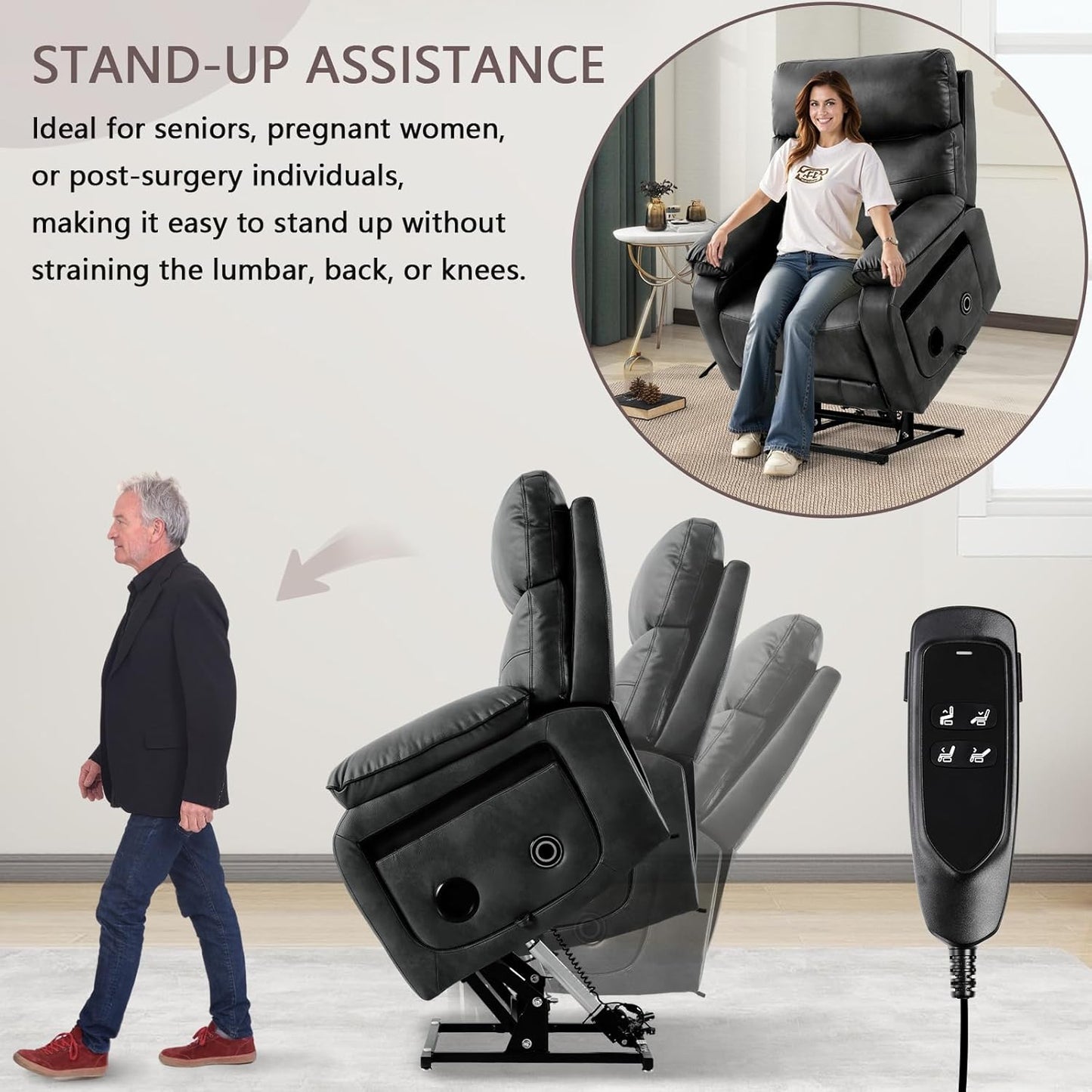 Dual Motor Power Lift Recliner Chair for Adult & Elderly, Infinite Position Lay Flat Lift Chair with Heat & Massage, Cup Holder, Lumbar Pillow, Wireless Charger, USB Ports, Leather (Silver Grey)