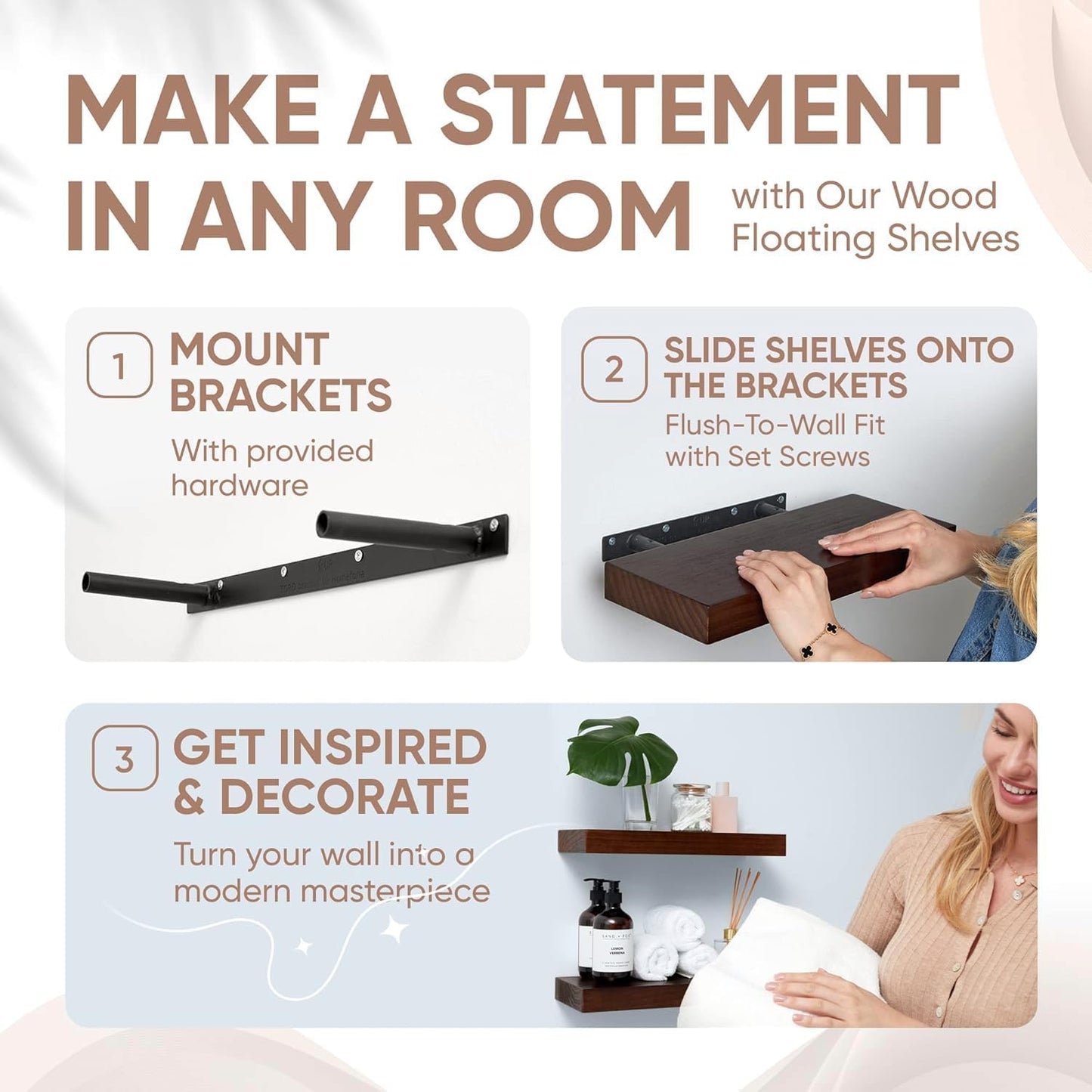 Homeforia Walnut Floating Bathroom Shelves, High End Solid Real Wood 16 inch Small Floating Shelf for Wall Mounted, Dark Brown 16inch Floating Shelves, Heavy Duty Bracket, 16 X 6.5 X 1.75 in, Set of 3