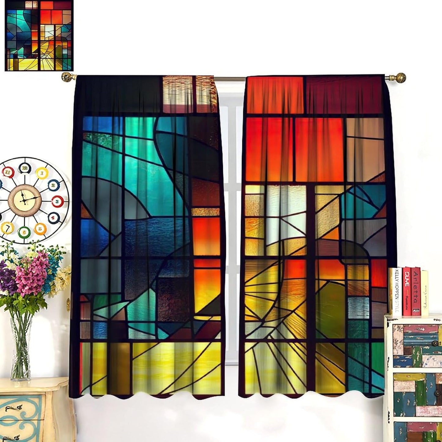 Stained Glass Curtains,Retro Abstract Colorful Geometry Textures Art Home Decor Drapes for Bedroom Living Room Kitchen Window Treatment 2 Panels Set Total Size 84" W X 84" L Inch