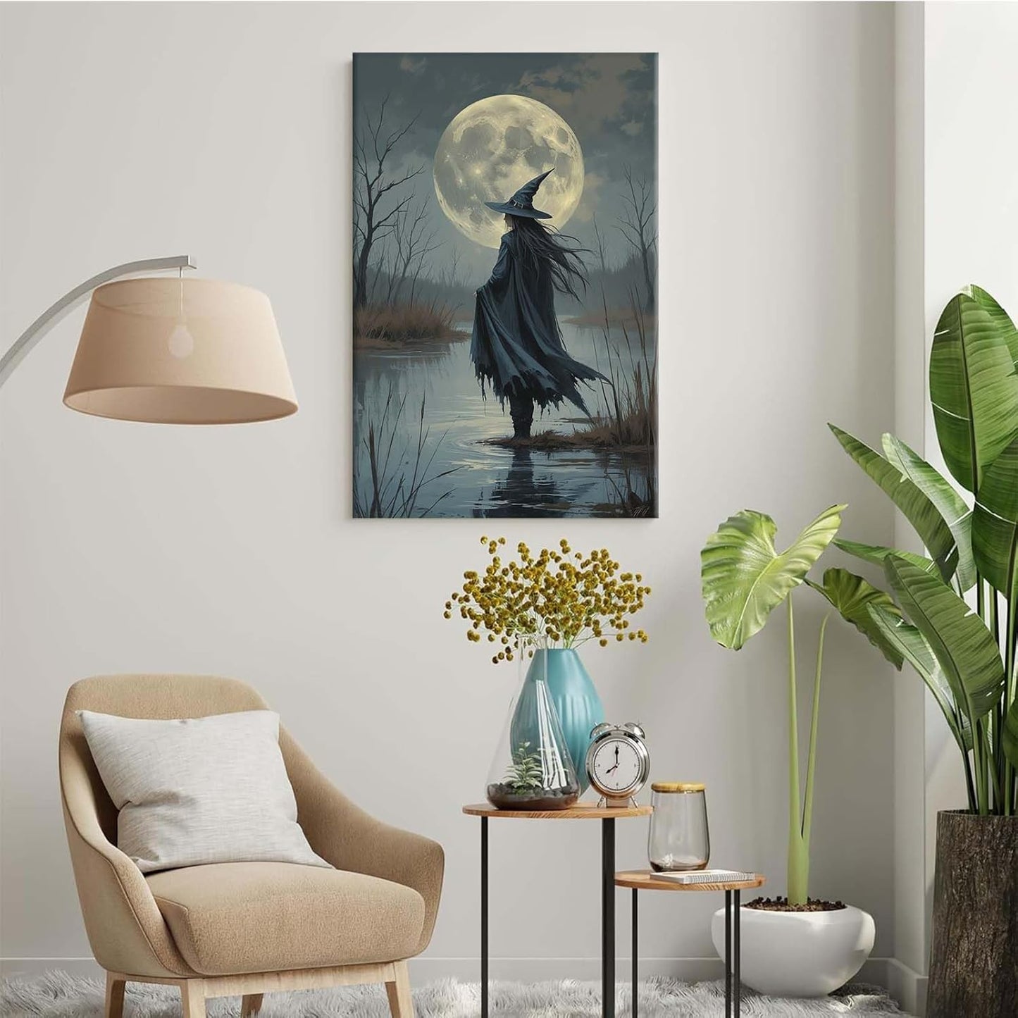 JFHCQJPK Witch in the moonlight magic canvas wall art enchanting Halloween home decor swamp witch silhouette oil painting mysterious gothic aesthetic wall decor print poster20x30in Frameless