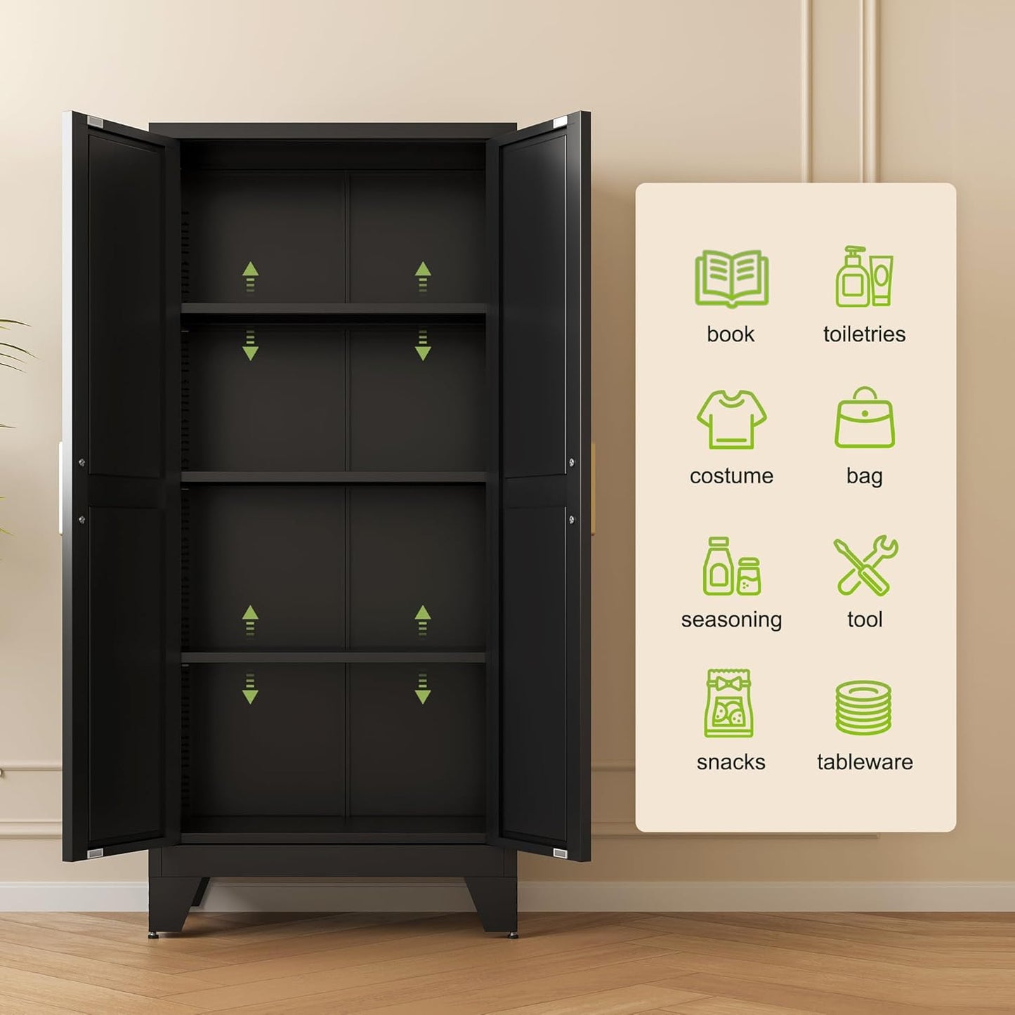 61" Tall Farmhouse Metal Pantry Cabinet, Kitchen Pantry Storage Cabinets with 2 Barn Door and Adjustable Shelves,Metal Pantry Storage Cabinet,for Kitchen,Laundry Room,Home Office,Kids Room (Black)