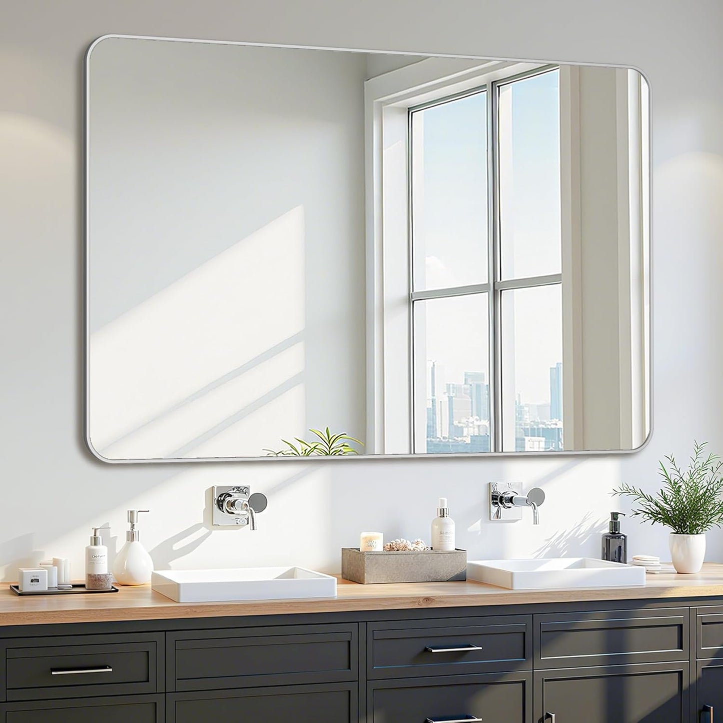 Bathroom Mirror 55" x 36", Large Rectangle Wall Mirror, Silver Metal Frame Wall Mounted Mirrors for Bathroom, Vanity, Bedroom, Entryway Decor(Horizontal/Vertical)