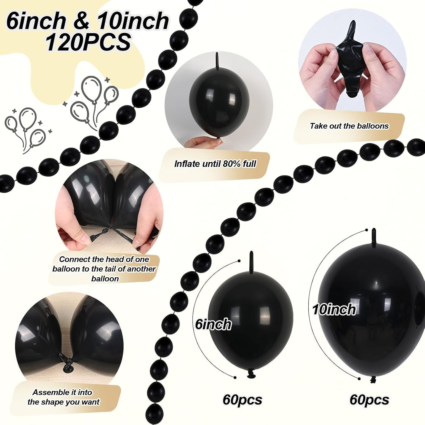 Black Linking Balloons, 120PCS Linked Balloon with Tail for Balloon Wall Arch and Chains, Quick Linkable Balloons for Wedding Birthday Baby Shower Engagement Graduation Party Decorations (6+10inch)
