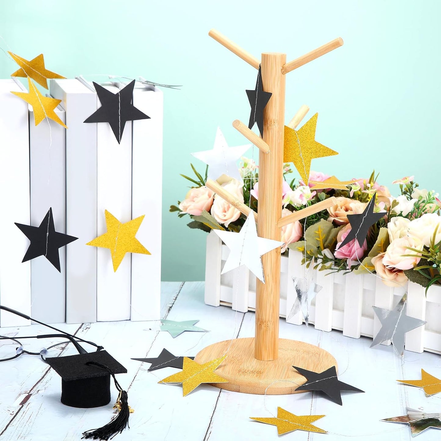 Patelai Glitter Star Garland Banner Decor 130 Feet Star Hanging Bunting Banner Twinkle Backdrop for Homecoming Classroom Wedding Birthday Halloween Christmas Party Supplies(Silver Gold Black)