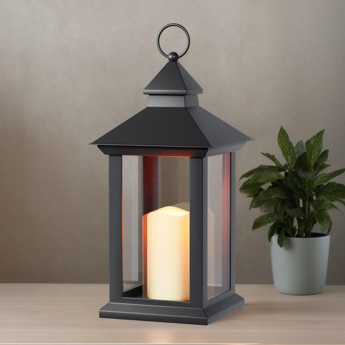 Lanterns Decorative Indoor, 1 Pack Black Outdoor Lantern with Timer, 14" Lantern Waterproof with Battery Operated Candle, Outdoor Hanging Lanterns for Porch, Patio, Wedding Decor