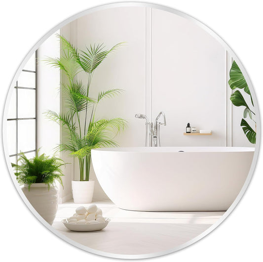 Fabuday Silver Round Mirror for Wall 24 inch - Circle Mirror for Bathroom, Entryway, Living Room, Hallway, Vanity Decor, Small Matte Metal Frame Mirrors