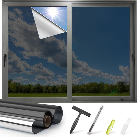 Kromapolis One Way Window Privacy Film Reflective Mirror Home Window Tint, Daytime Privacy Heat Control Anti UV Glass Tinting Static Cling (Black-Silver, 23.6 x 78.7 inch)